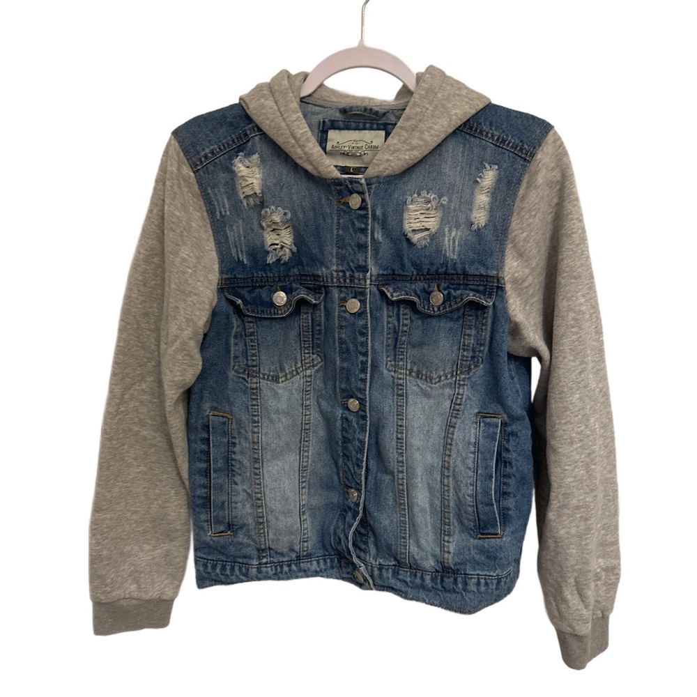 Francesca’s- Ashley Vintage Charm, Distressed Jean Jacket w/ Hood